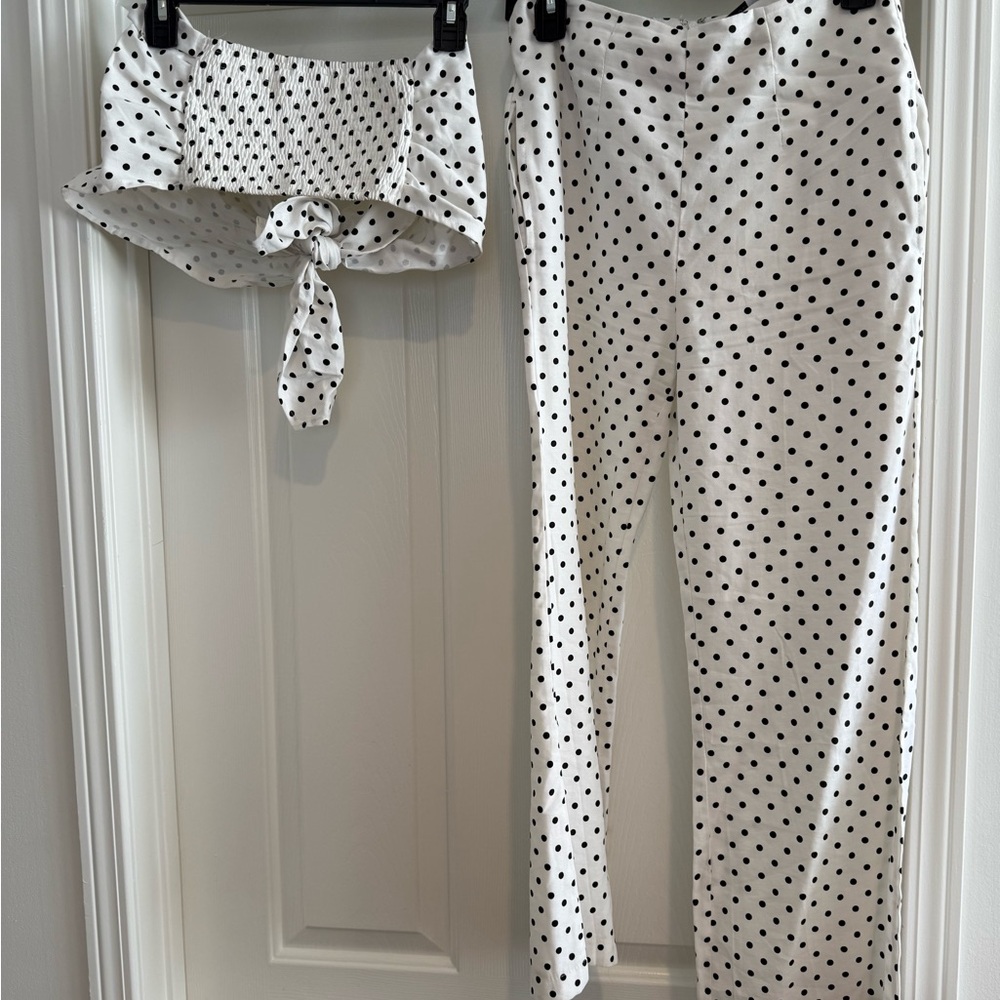 Polka Dot Two-Piece Jumpsuit Set - White with Black Dots - Picture 2 of 4